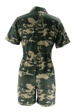 Casual Sportswear Y2k Cutout Camouflage Print Capris Two Lapel Straight Rompers