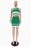 Casual Street Daily Office lady Patchwork Contrast O Neck Sleeveless Two Pieces
