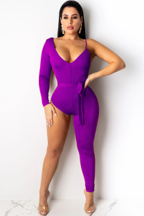 purple Sexy Solid bandage Polyester Long Sleeve V Neck  Jumpsuits