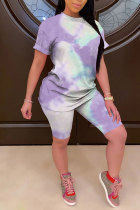 Light Purple Polyester Fashion Casual adult Patchwork Print Tie Dye Gradient Two Piece Suits pencil Short Sleeve Two Pieces