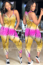 Yellow Fashion street Tie-dyed Sleeveless V Neck Jumpsuits
