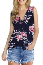 Navy Blue Polyester V Neck Sleeveless asymmetrical Print Button Floral  Sweaters & Cardigans