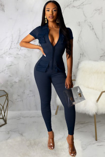 Dark Blue Sexy zipper Solid Polyester Short Sleeve O Neck  Jumpsuits