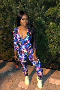 Multi-color Sexy Print Tie-dyed Polyester Three Quarter O Neck  Jumpsuits