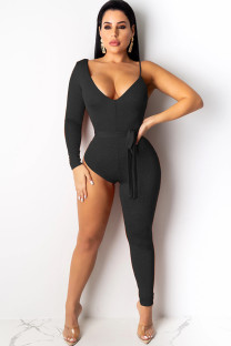 Black Sexy Solid bandage Polyester Long Sleeve V Neck  Jumpsuits