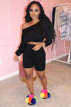 Black Polyester Fashion Sexy adult Patchwork Solid Two Piece Suits Straight Long Sleeve Two Pieces