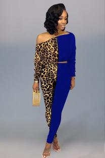 Dark Blue Polyester adult Fashion Sexy Leopard Two Piece Suits Patchwork Print pencil Long Sleeve  Two-piece P