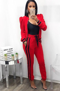 Red Elastic Fly Mid Patchwork pencil Pants  Two-piece suit