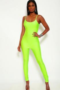 Fluorescent green Sexy Fashion Backless Solid Polyester Sleeveless Slip  Jumpsuits