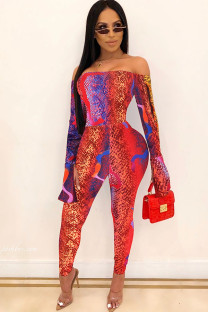 Red Sexy serpentine Print Milk. Long Sleeve one word collar