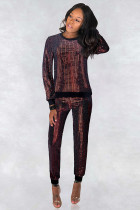Red Polyester adult Sexy Fashion Two Piece Suits Patchwork Sequin Straight Long Sleeve  Two-piece Pants 