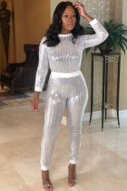 White Polyester adult Sexy Fashion Two Piece Suits Patchwork Sequin Straight Long Sleeve  Two-piece Pants 