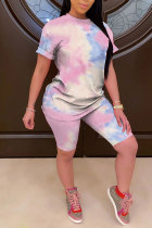 Powder blue Polyester Fashion Casual adult Patchwork Print Tie Dye Gradient Two Piece Suits pencil Short Sleeve Two Pieces