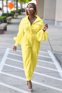 Yellow Casual Fashion Solid zipper Polyester Long Sleeve V Neck