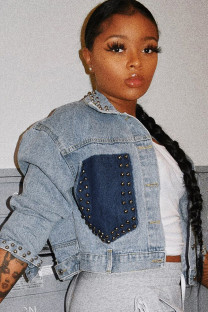 Blue Turndown Collar Beading Solid Old Patchwork washing The cowboy Pure Long Sleeve  Denim jacket