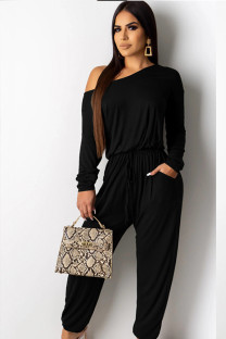 Black Sexy Solid Polyester Long Sleeve one shoulder collar