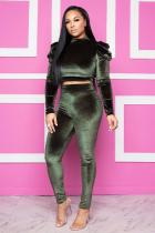 Green Polyester adult Casual Fashion Two Piece Suits Solid Patchwork pencil Long Sleeve  Two-piece Pants S