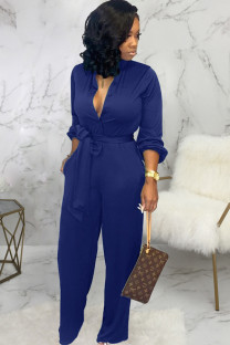 Blue Sexy Solid Button Polyester Long Sleeve O Neck  Jumpsuits