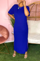 Blue Fashion Casual Blue Light Green Rose pink Sleeve Short Sleeves O neck Straight Ankle-Length Solid Dresses
