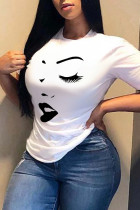 White O Neck Short Sleeve Print Tops