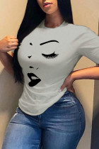 Grey O Neck Short Sleeve Print Tops