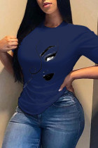 Navy Blue White Red Black Grey Orange Navy Blue O Neck Short Sleeve Print Tops