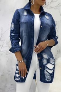 Dark Blue Turndown Collar Solid Hole Old washing The cowboy Pure Long Sleeve Outerwear