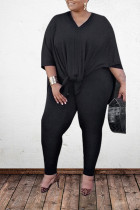 Black Polyester Sexy O Neck Solid Plus Size 