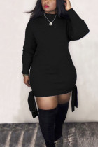 Black Polyester Sexy Europe and America Long Sleeves O neck Step Skirt skirt Solid Dresses