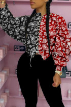 Red and black Fashion Casual Adult Print Bandage Patchwork O Neck Tops