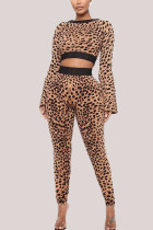 Leopard print Fashion Adult Elegant Polyester Leopard Split Joint O Neck Long Sleeve Regular Sleeve Short Two Pieces