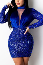 Blue Sexy Adult Solid Sequins Split Joint O Neck Pencil Skirt Dresses