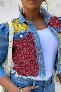 Red Yellow Sexy Print Split Joint Turndown Collar Outerwear