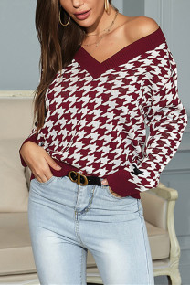Wine Red Fashion Casual Patchwork Basic V Neck Tops