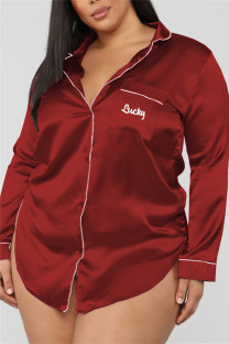 Wine Red Fashion Sexy Solid Lapel Long Sleeve Nightdress