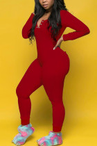 Red Casual Solid Split Joint Buttons O Neck Regular Jumpsuits