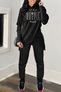 Black Casual Letter Split Joint Hooded Collar Long Sleeve Two Pieces