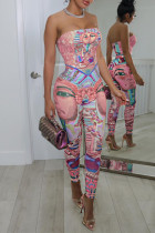 Pink Sexy Casual Print Backless Strapless Skinny Jumpsuits