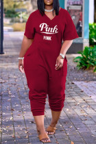 Burgundy Fashion Casual Letter Print Basic V Neck Boot Cut Jumpsuits
