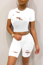 White Fashion Casual Solid Ripped O Neck Short Sleeve Two Pieces