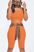 Orange Casual Leopard Bandage Split Joint U Neck Sleeveless Two Pieces（with a mask)