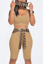 Khaki Casual Leopard Bandage Split Joint U Neck Sleeveless Two Pieces（with a mask)