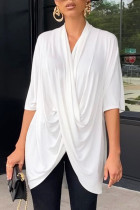 White Casual Solid Patchwork Fold Asymmetrical V Neck T-Shirts