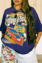 Blue Fashion Casual Print Basic O Neck T-Shirts