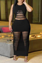 Black Sexy Solid Ripped O Neck Sleeveless Two Pieces