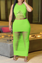 Fluorescent Green Sexy Solid Ripped O Neck Sleeveless Two Pieces