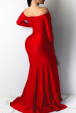 Red Celebrities Solid V Neck Evening Dress Dresses