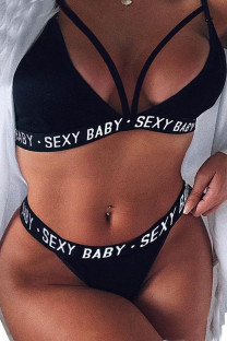 Black Sexy Letter Print Hollowed Out Split Joint Swimwears