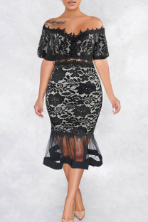Black Sexy Solid Split Joint See-through Off the Shoulder Trumpet Mermaid Dresses