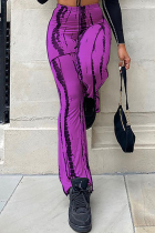 Purple Casual Print Split Joint Boot Cut High Waist Speaker Full Print Bottoms